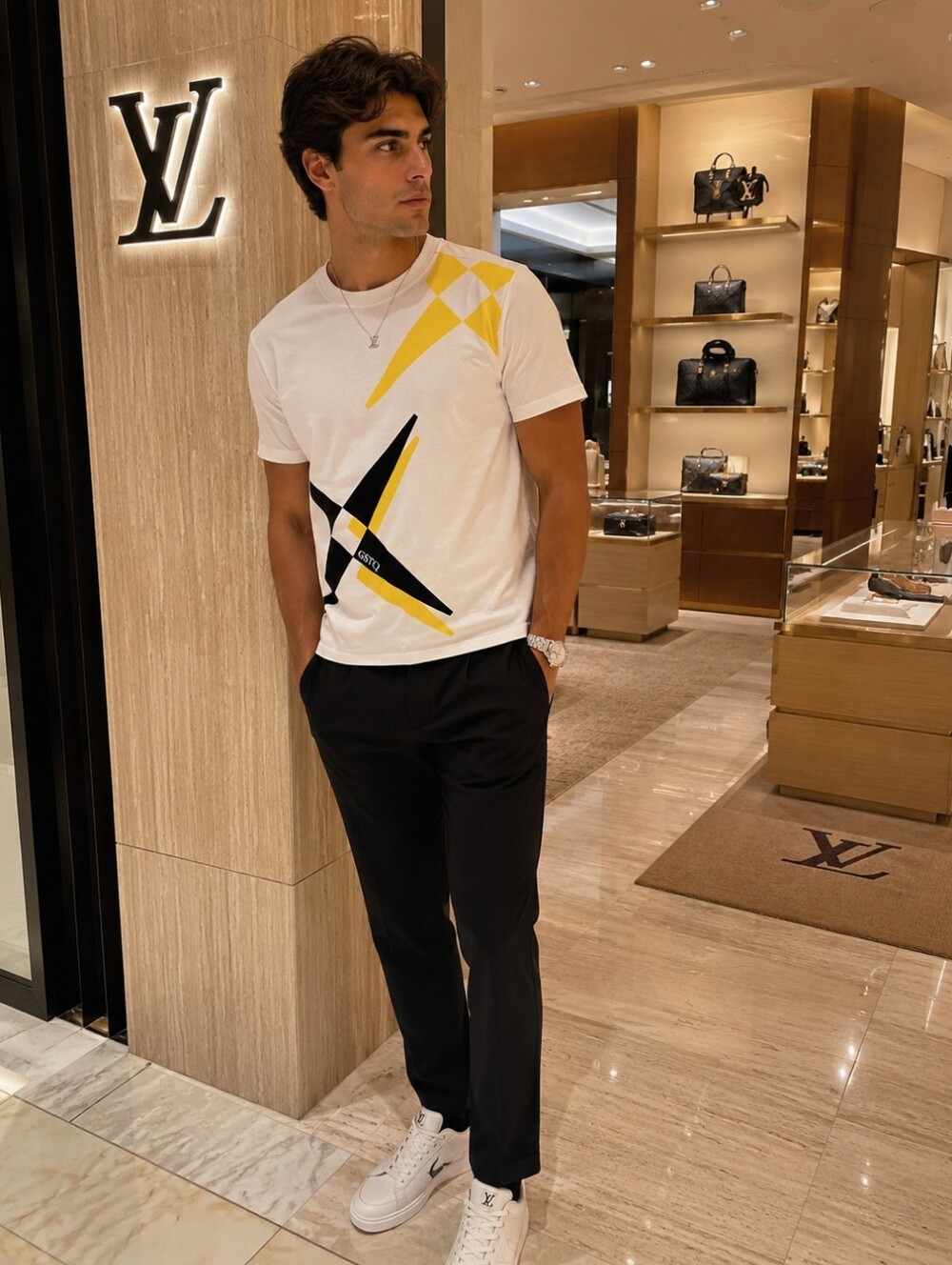 GSTQ Men White Spark Graphic Tee Bright White Luxury Soft Cotton Medium NWT